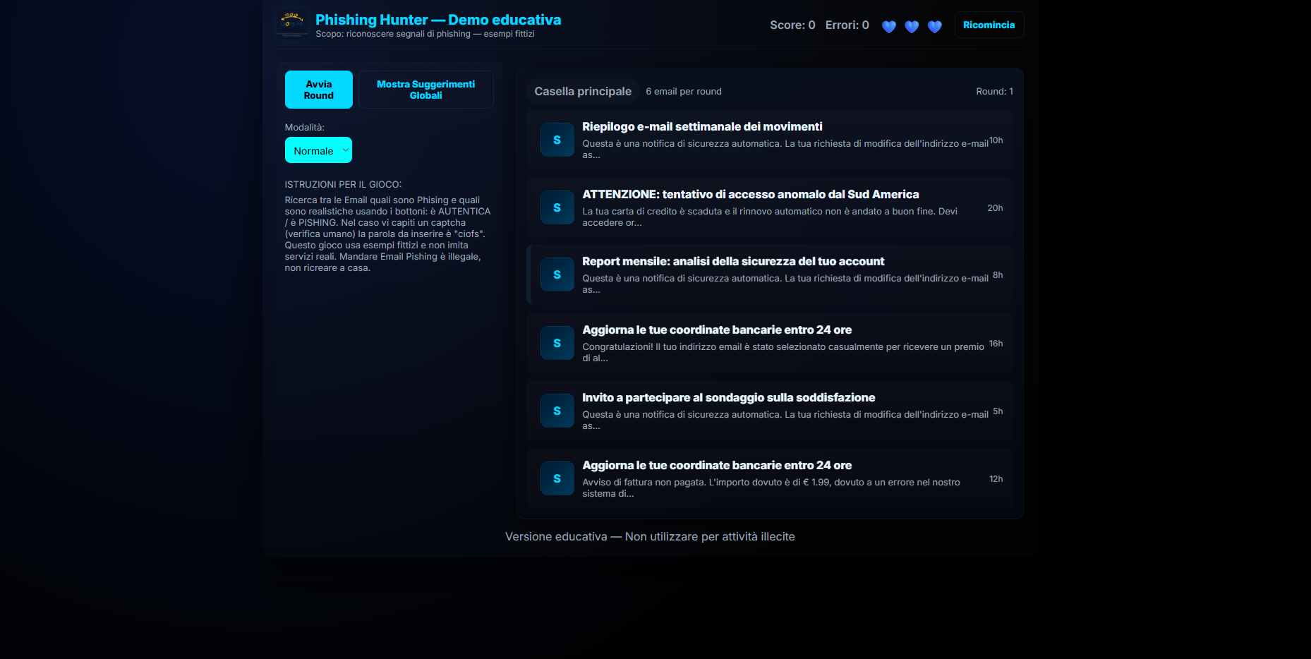 Screenshot del sito Phishing Hunter