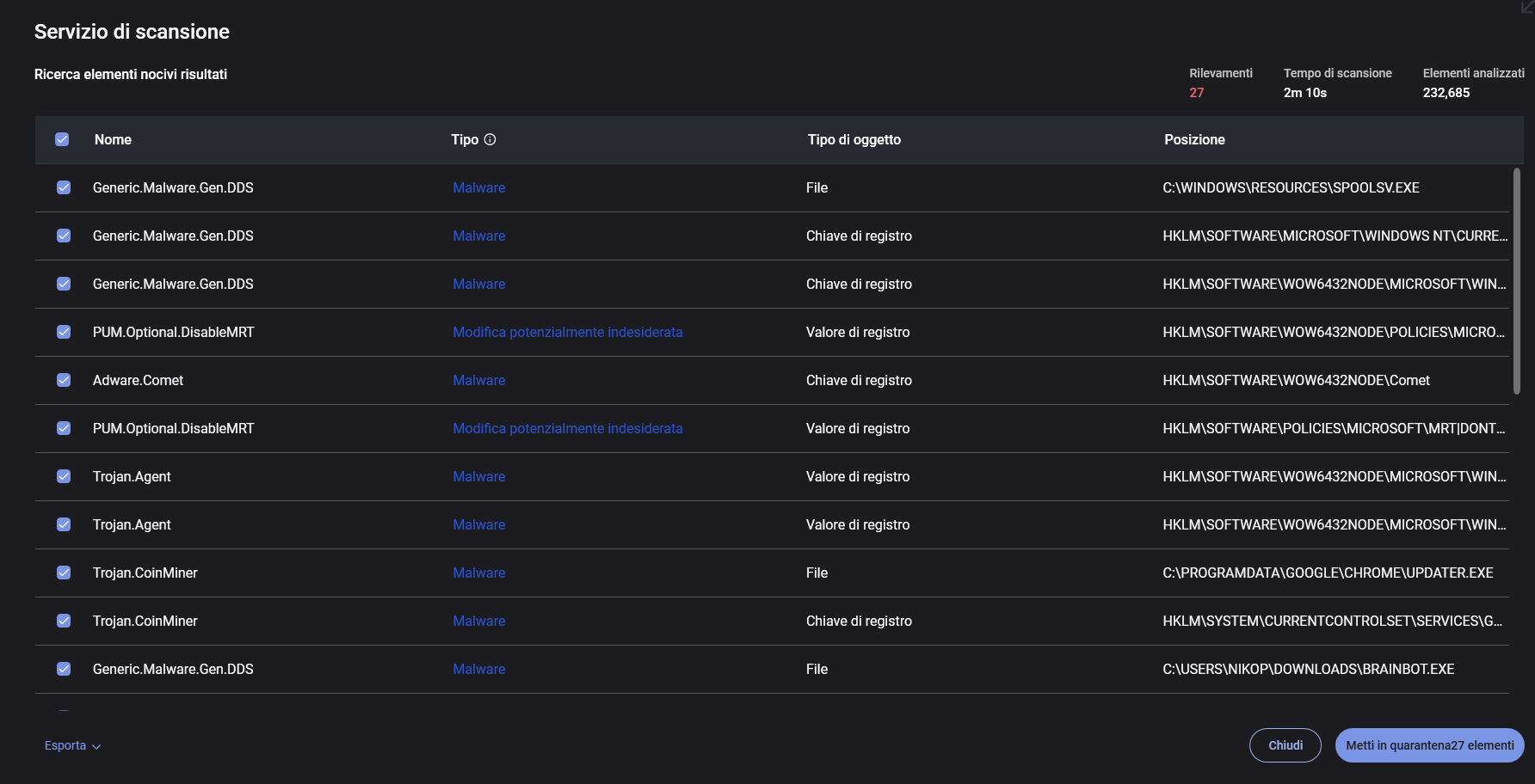 Screenshot prima della rimozione malware